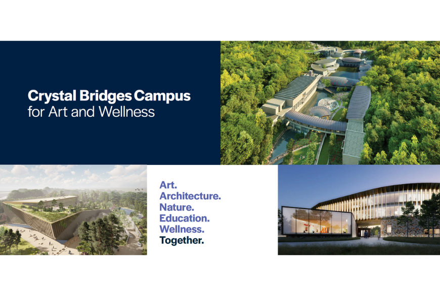 Crystal Bridges Campus graphic showing the HWHI, AWSOM, and Crystal Bridges renderings