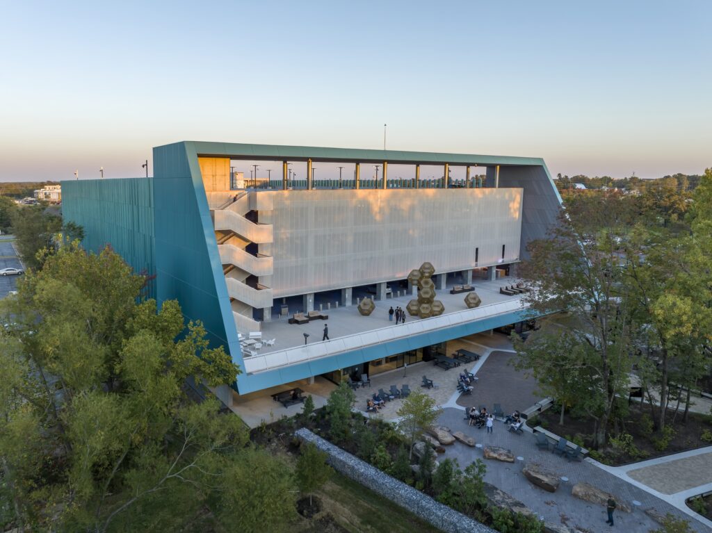 Aerial picture of blue parking deck