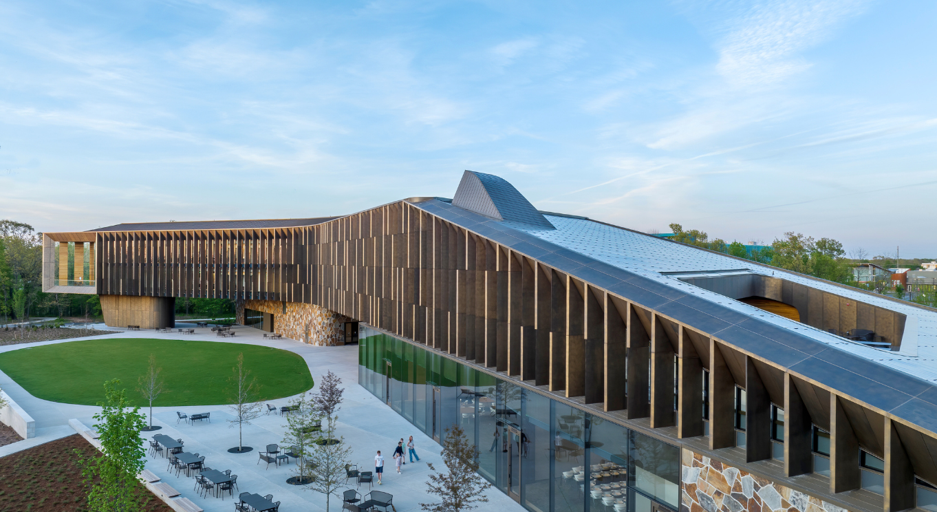 Exterior image of the west courtyard behind the new Heartland Whole Health Institute building