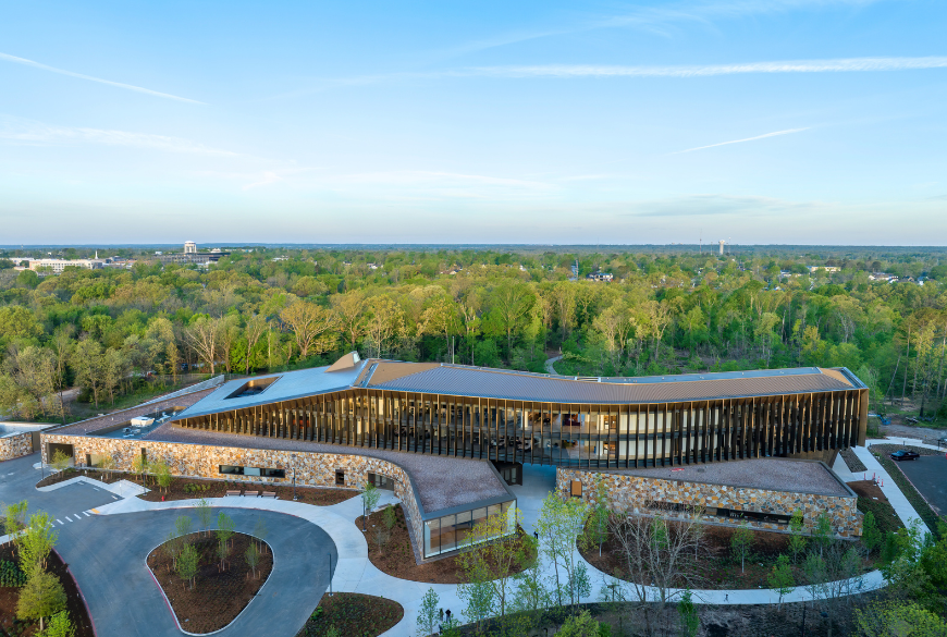 Aerial external image of the front of the new Heartland Whole Health Institute building
