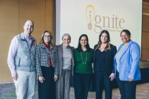 Pictured: Dr. Claude Pirtle, President, Heartland Whole Health Institute; Dr. Debbie Jones, Superintendent of Bentonville Schools; Alice Walton, Founder of Alice L. Walton Foundation and Heartland Whole Health Institute; Dr. Sharmila Makhija, Founding Dean and CEO, Alice L. Walton School of Medicine; Dr. Sarah Bemis, Associate Vice President of Workforce and Policy, Heartland Whole Health Institute; Jessica Imel, Director of Ignite.